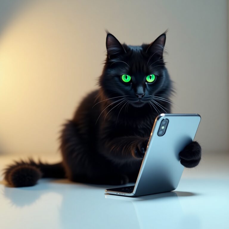 Chat mignon assis à un bureau, tenant un téléphone et prenant des notes avec une patte. L'ambiance est chaleureuse et professionnelle, avec un carnet, un ordinateur et une tasse de café sur le bureau. Illustration ludique et engageante pour une page de contact.